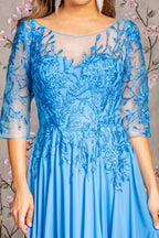 Bead Embroidery Sheer Neckline V-back Chiffon A-line Long Dress-4